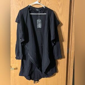 JW Signature Brand Black Draped Trench Coat with Zipper Details